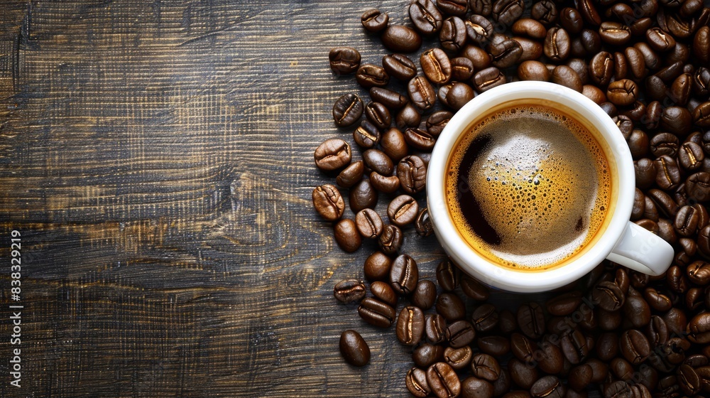 Fresh roasted coffee beans background with cup of coffee and copy space for text. Fresh roasted coffee beans background with cup of coffee and copy space for text.
