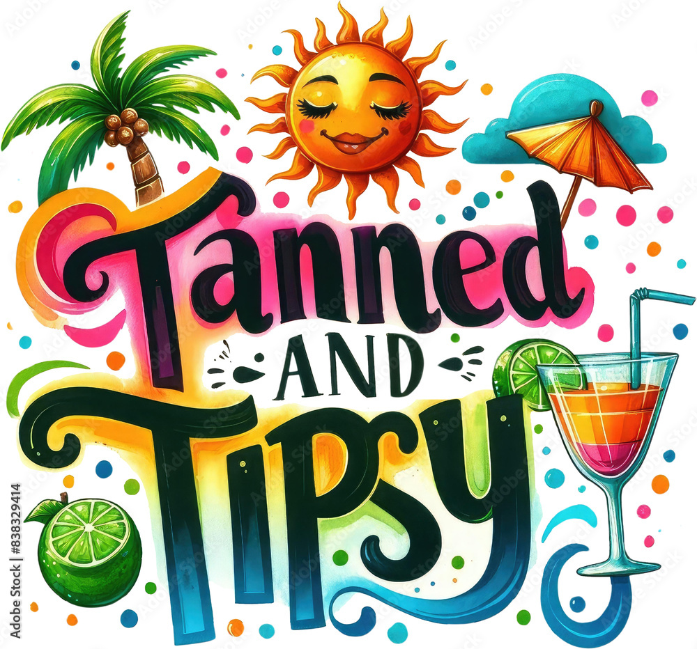 Fototapeta premium Watercolor Summer Clipart PNG with Funny Quotes: Tropical Beach Vacation Art. Summer Watercolor Clipart: Funny Quotes and Tropical Holiday Illustrations in PNG: Beach Vacation with Humorous Quotes.