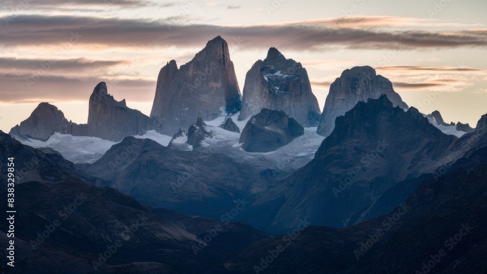 The harsh peaks of Fitzroy at dawn, their clear silhouettes against the soft morning light, the sky in pastel colors. The harsh peaks of Fitzroy at dawn, their clear silhouettes against the soft morning light, the sky in pastel colors.