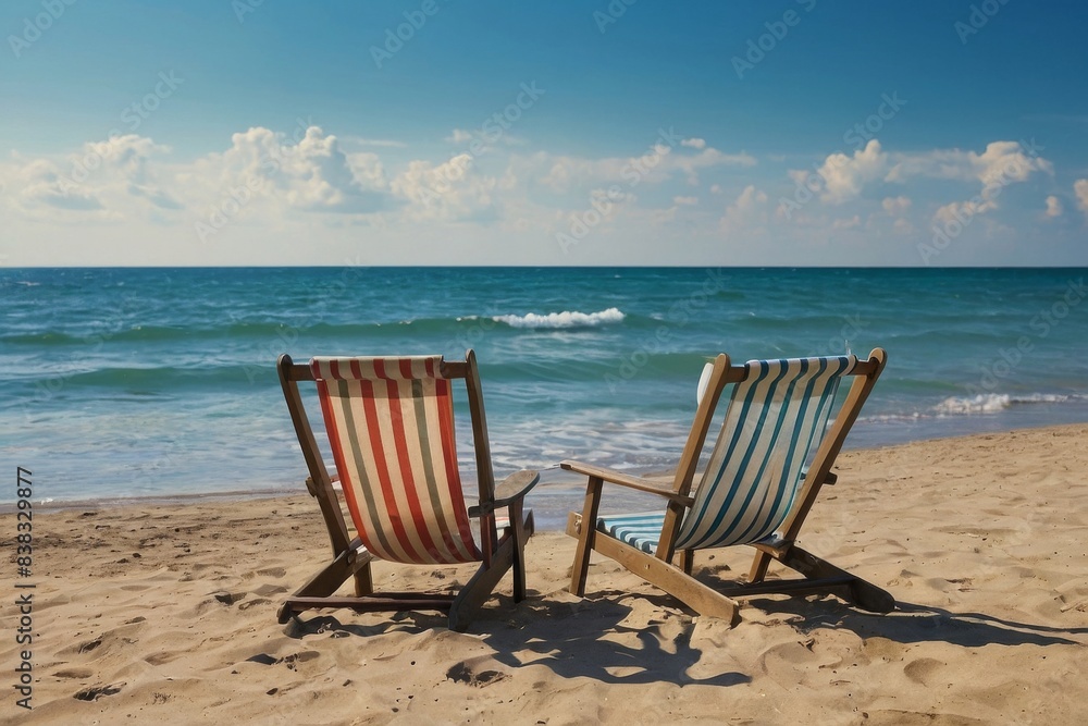 Sun loungers on the beach, beautiful ocean views, vacation concept.