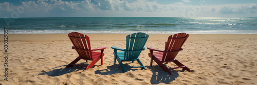 Sun loungers on the beach  beautiful ocean views  vacation concept.