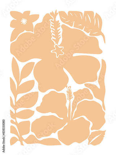 Abstract botany print in naive art style. Trendy retro poster with hibiscus flowers and leaves on peach shade. 70s style groovy design for wall prints.