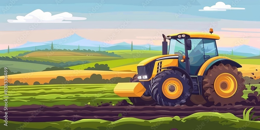 A modern tractor in a rural landscape, symbolizing farming and agriculture. A modern tractor in a rural landscape, symbolizing farming and agriculture.
