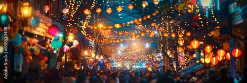 A vibrant  nighttime scene of a festive carnival procession in a city street  featuring colorful lights and a large crowd of people