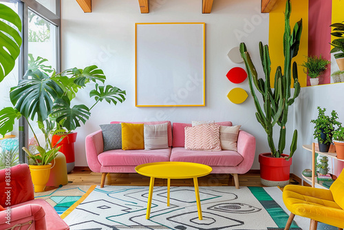 Mockup design for poster on living room. Interior style bright colors. Blank poster over the sofa