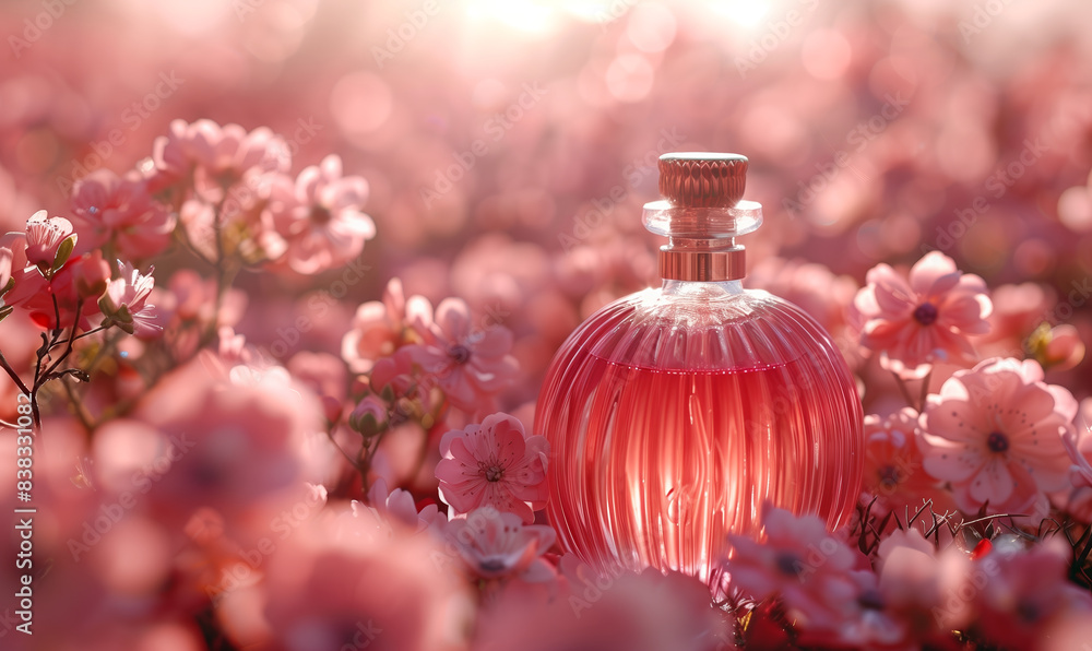 Elegant perfume bottle among flowers in retro style. Elegant perfume bottle among flowers in retro style.