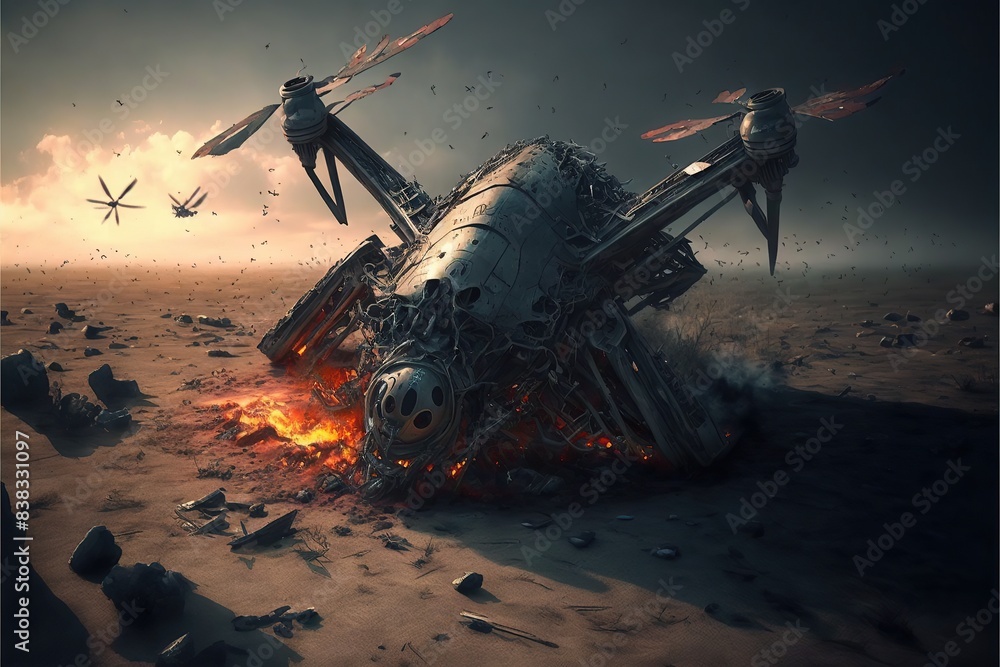 Naklejka premium Futuristic drone crash in an apocalyptic desert landscape