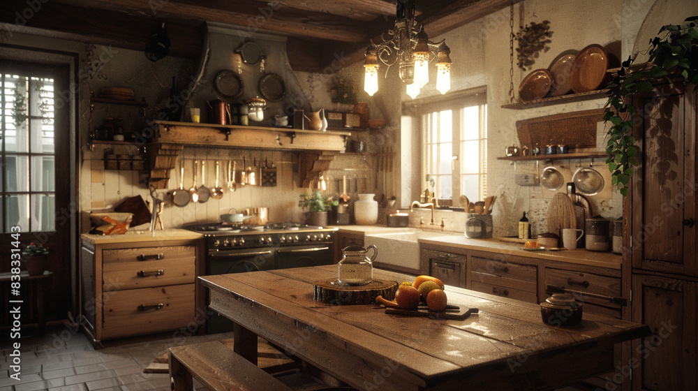 Charming kitchen with rustic wooden table and cozy lighting Charming kitchen with rustic wooden table and cozy lighting