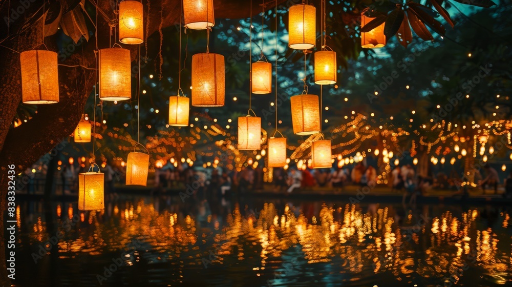 Obraz premium Festival of Lights: a mesmerizing festival of lights with glowing lanterns, festive decorations, and joyous participants,