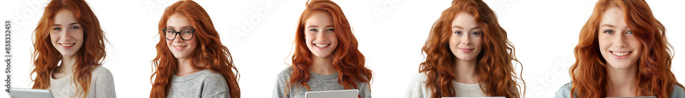 Set of Smiling young redhead woman girl using tablet on PNG transparent backgrounds Set of Smiling young redhead woman girl using tablet on PNG transparent backgrounds