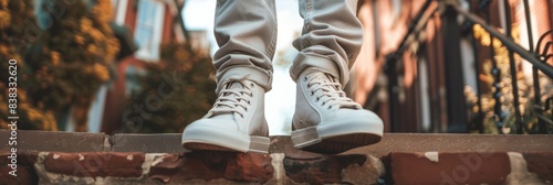 A close-up photo of a persons legs wearing stylish white high-top sneakers while standing on a step photo