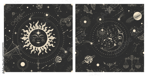 Astrology patterns. Moon, star and sun alchemy and celestial galaxy planets, esoteric cosmos mystic sketch. Occult square cover. Witchcraft mystery boho Isolated line vector background