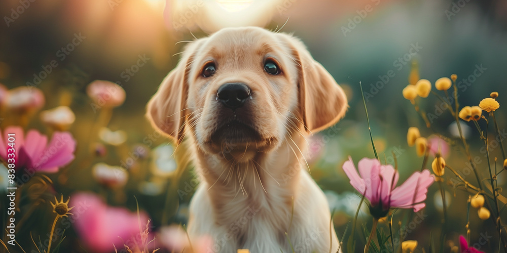 Adorable puppy playing in flower field - Generative AI Adorable puppy playing in flower field - Generative AI