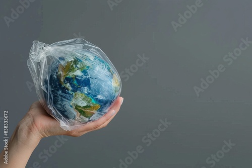 On a gray background, a human hand holds dimensions of the Earth in an open plastic bag