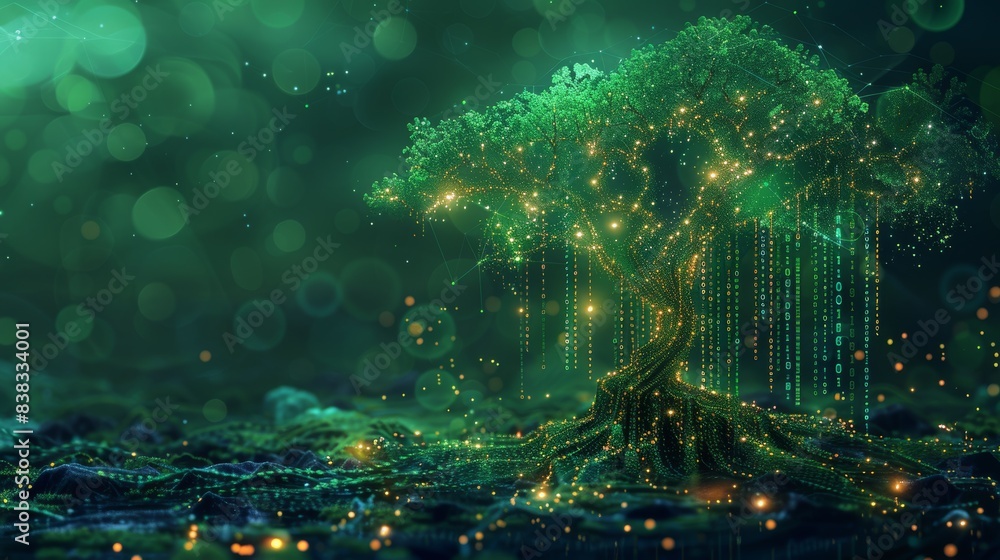 Fototapeta premium A vibrant green illustration featuring lines of code forming the shape of a tree, symbolizing the harmony between technology and nature.