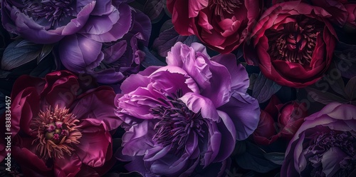 Fototapeta Naklejka Na Ścianę i Meble -  An elegant wallpaper featuring black tear peonies in watercolor vintage tones mixed with muted reds on a dim black background.