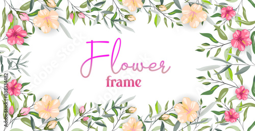 Vector floral bushy frame, romantic vintage style. Yellow and pink flowers with leafs on white background. Design for your text, greeting.