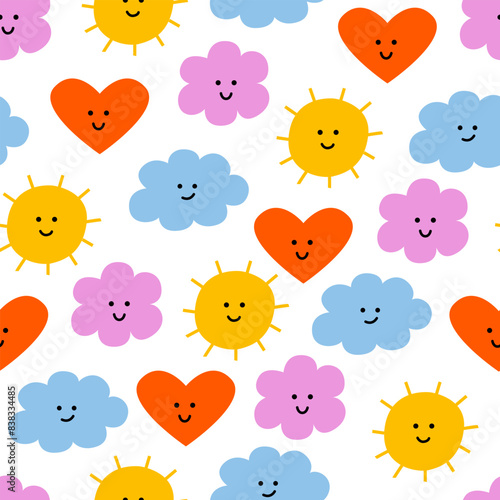 Seamless pattern with abstract simple organic shapes of heart, stars, sun and clouds. Vector flat background with cute characters
