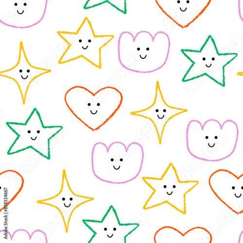 Seamless pattern with abstract simple organic shapes of heart, stars and flowers. Vector outline background with crayon colorful quirky doodles
