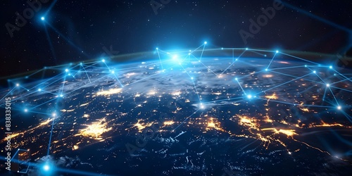Global digital network connecting Earth via orbiting satellites and technology. Concept Satellite Communication, Global Connectivity, Technology Innovation, Space-based Networking, Worldwide Access © Anastasiia