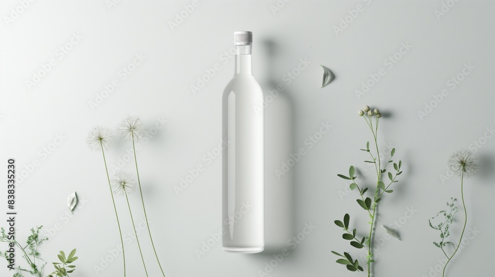 Minimalist product poster with a sleek, transparent bottle mockup and subtle herbal elements on a light background. Minimalist product poster with a sleek, transparent bottle mockup and subtle herbal elements on a light background.