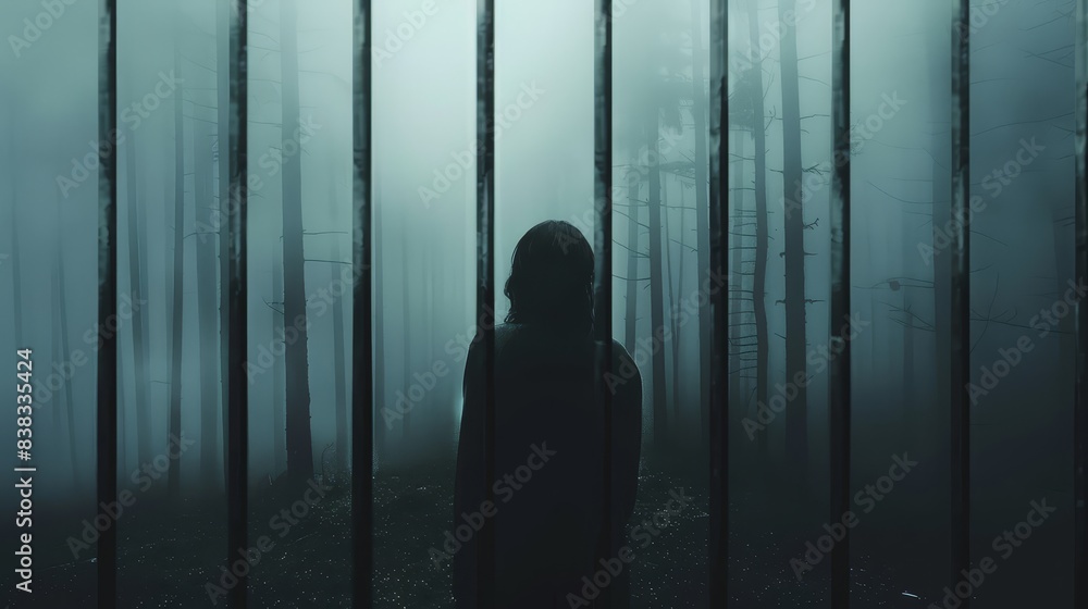 Silhouette imprisoned by sharp lines, symbolizing pain's restrictions, potent metaphor, photorealistic, vibrant, composite, foggy forest Silhouette imprisoned by sharp lines, symbolizing pain's restrictions, potent metaphor, photorealistic, vibrant, composite, foggy forest