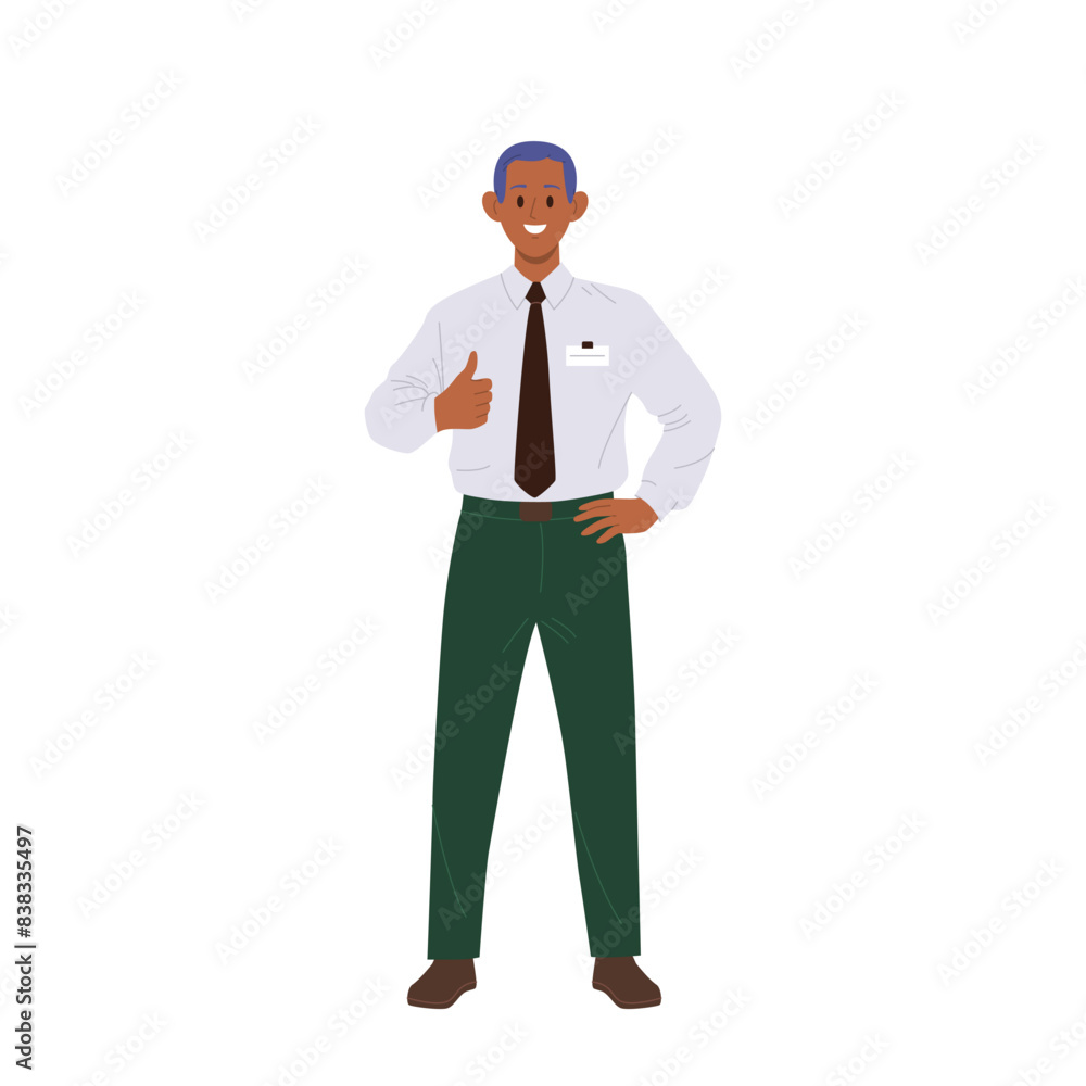 Male bank worker cartoon character gesturing thumbsup approving high service isolated on white Male bank worker cartoon character gesturing thumbsup approving high service isolated on white