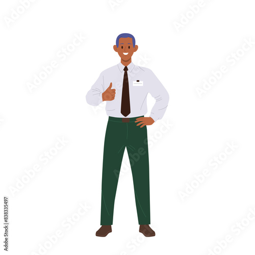 Male bank worker cartoon character gesturing thumbsup approving high service isolated on white