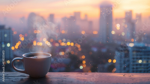 Steaming cup of coffee on a table with a blurred