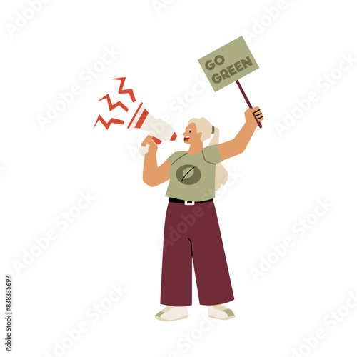 Woman with loudspeaker and calling poster Go green, agitation speaker ecology volunteer, vector flat nature eco activist