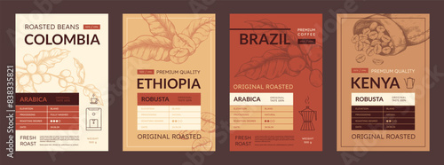Coffee package. Bean label, vintage cafe cup or chocolate food plantation, espresso drink or arabica grain. Sketch style illustration. Caffeine product packaging template. Vector design logo