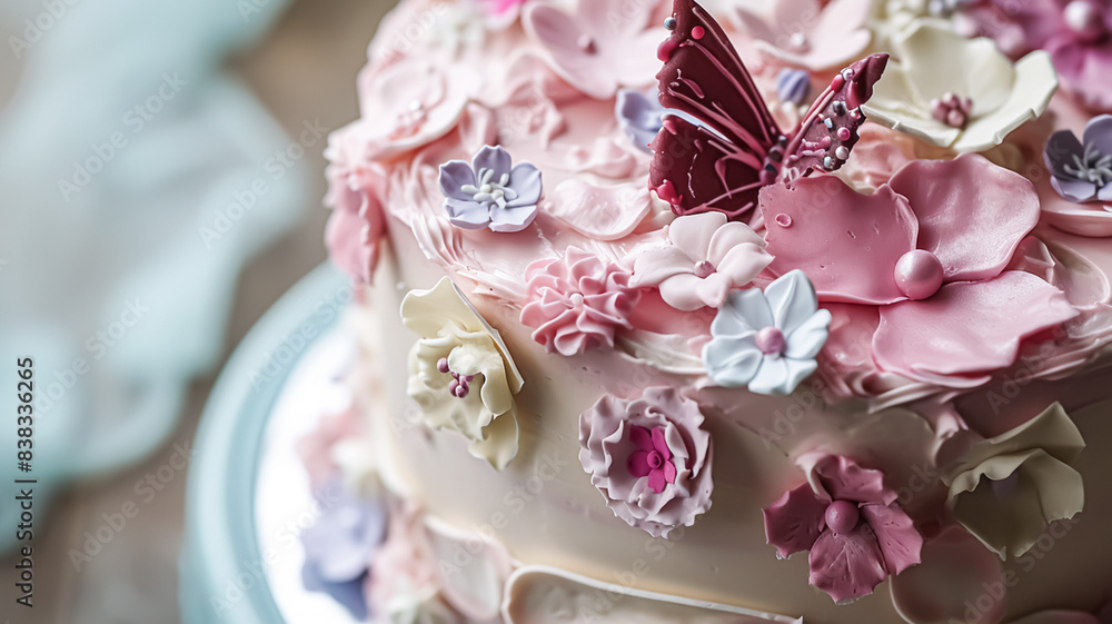 Birthday cake with candles and flowers on the table. Selective focus Birthday cake with candles and flowers on the table. Selective focus