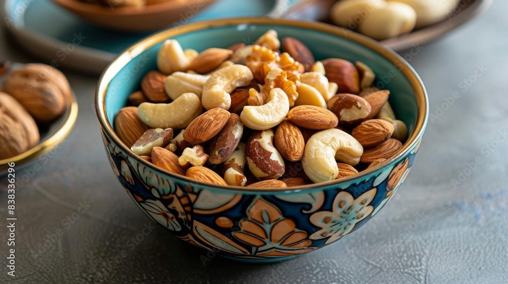 A vibrant bowl of mixed nuts, including almonds, walnuts, and cashews, emphasizing their role as a healthy snack rich in good fats A vibrant bowl of mixed nuts, including almonds, walnuts, and cashews, emphasizing their role as a healthy snack rich in good fats