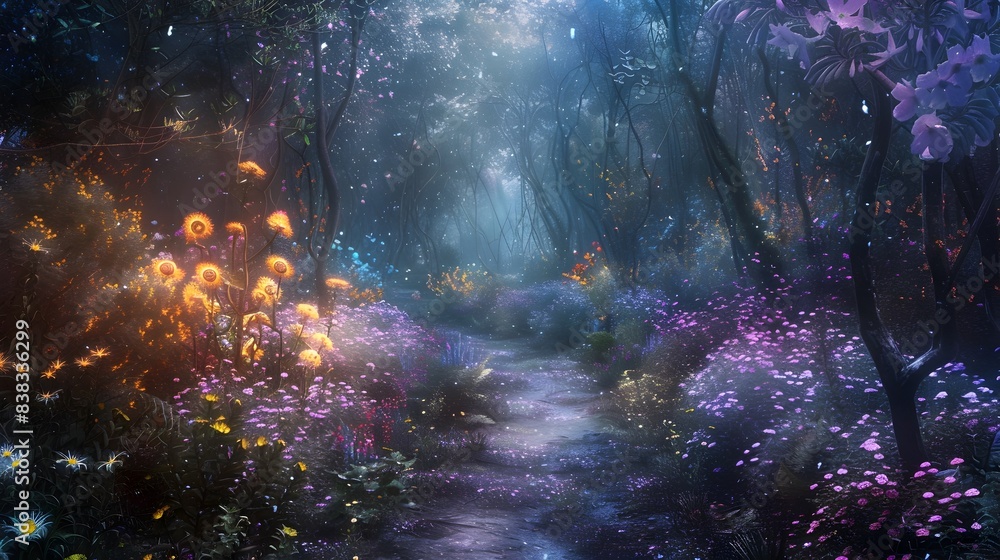 Mystical Pathway Through a Luminescent Enchanted Forest with Surreal Foliage and Vibrant Flowers Mystical Pathway Through a Luminescent Enchanted Forest with Surreal Foliage and Vibrant Flowers