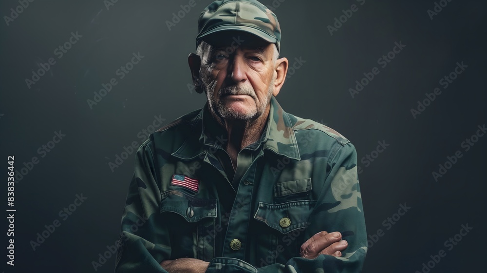 A portrait of a senior veteran wearing a military uniform with an American flag patch on his jacket. He stands with his arms crossed, looking directly at the camera. Generative AI A portrait of a senior veteran wearing a military uniform with an American flag patch on his jacket. He stands with his arms crossed, looking directly at the camera. Generative AI