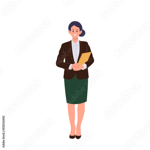 Friendly smiling woman banker or bank administrator cartoon character isolated on white background