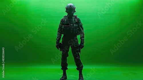 Silhouette of a soldier standing in front of a green background. Military, warfare, and defense representation. © Netroder