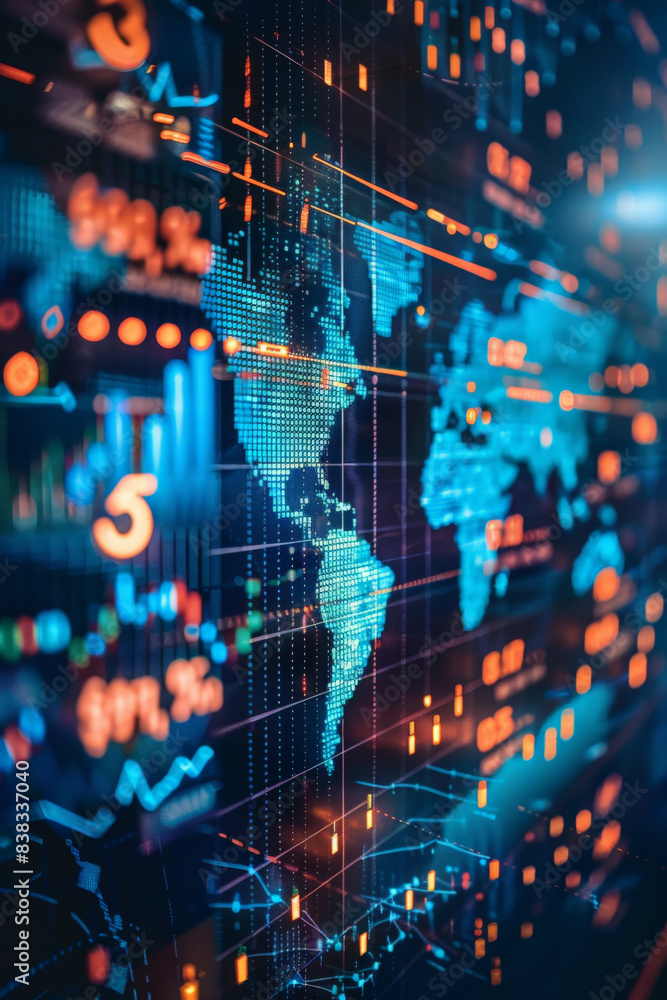 Obraz premium Digital World Map with Data Visualization, Global Network Connections, and Financial Analytics