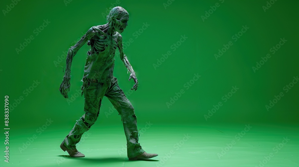 Digital rendering of a zombie character walking on a green screen background, ideal for horror and special effects projects. Digital rendering of a zombie character walking on a green screen background, ideal for horror and special effects projects.