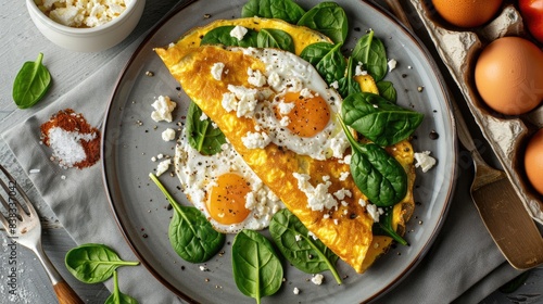 Scrambled eggs with spinach and cottage cheese in a grey plate, healthy eating, flat lay