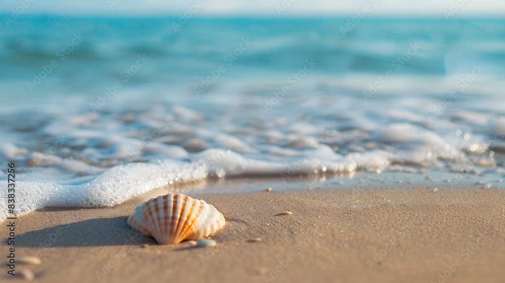 Tranquil Beach Moment:Solitary Shell Amid Gentle Waves and Serene Sands Tranquil Beach Moment:Solitary Shell Amid Gentle Waves and Serene Sands