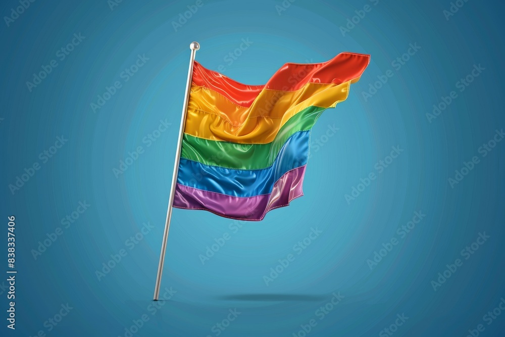 Fototapeta premium Waving rainbow flag on a blue background symbolizing LGBTQ pride and freedom in a vibrant and dynamic digital illustration