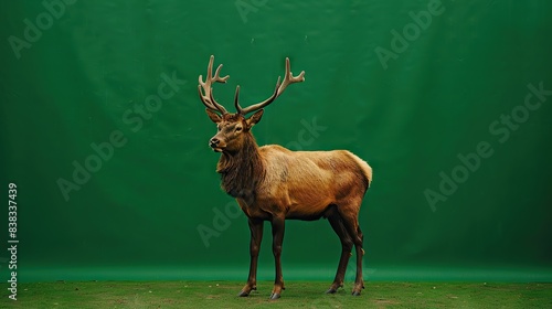 A majestic elk with large antlers standing against a green background, showcasing its impressive stature and strength.
