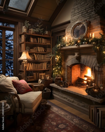 Christmas and New Year's interior with fireplace, bookshelves and Christmas tree © Iman