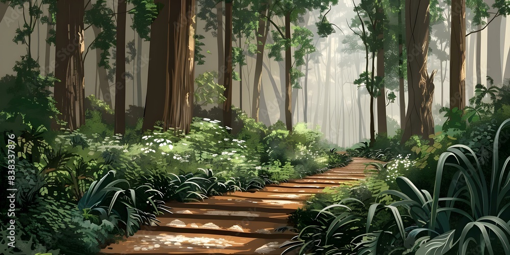 Obraz premium Enchanting forest with tall trees and lush vegetation ideal for digital painting. Concept Enchanting Forest, Tall Trees, Lush Vegetation, Digital Painting, Nature Scenery