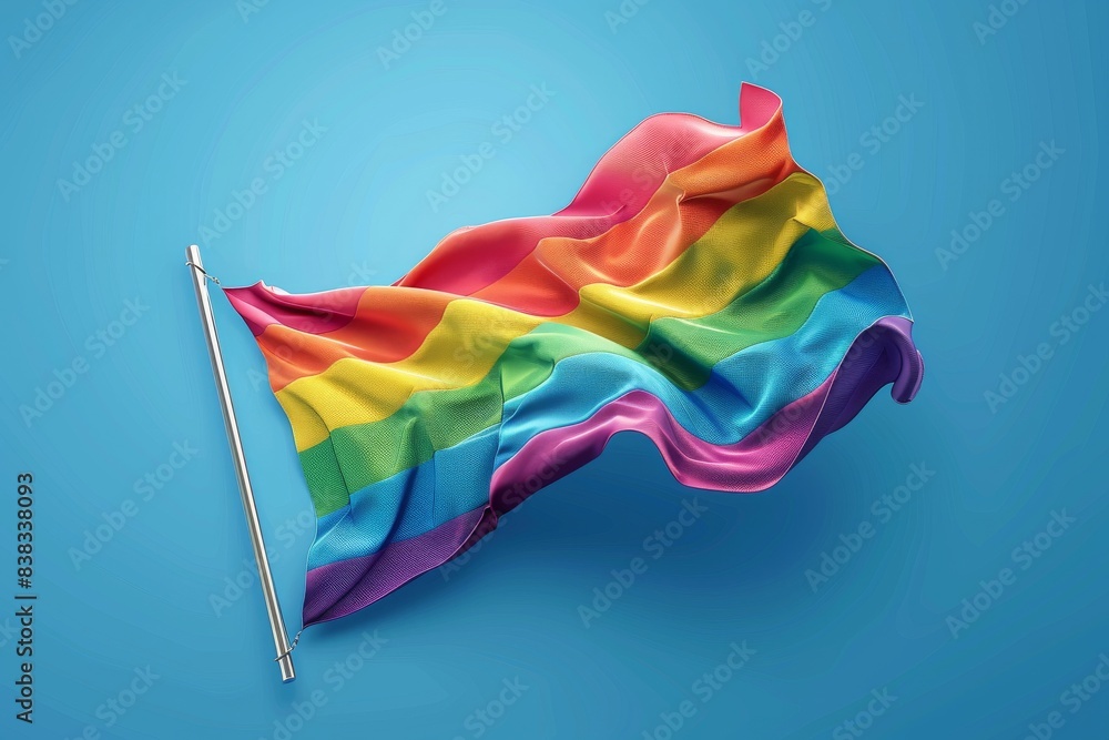 Fototapeta premium Flowing rainbow flag on a blue background symbolizing LGBTQ pride and fluidity in a vibrant and dynamic digital illustration