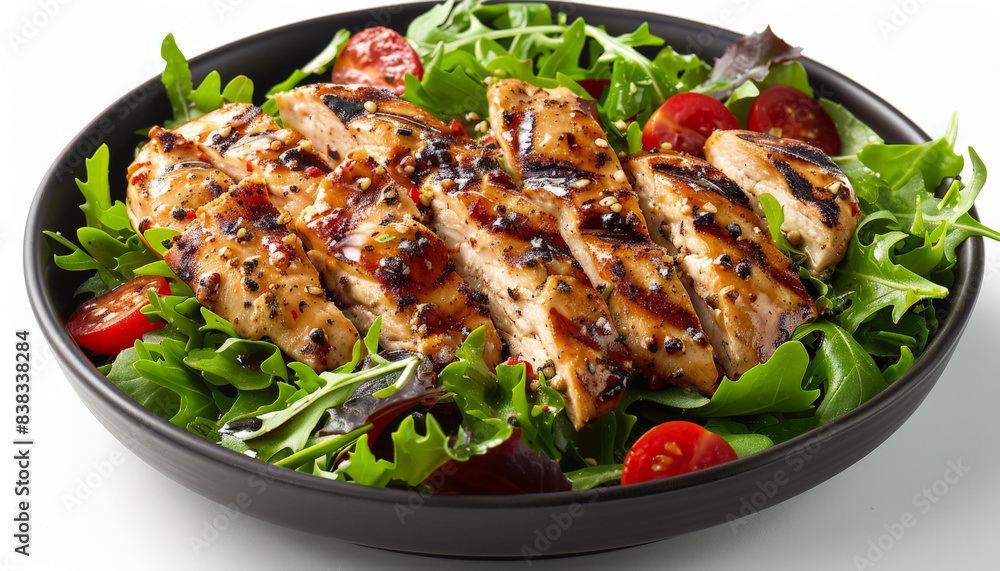 Fresh Grilled Chicken Salad with Mixed Greens, Cherry Tomatoes, and Sesame Seeds in a Black Bowl on a White Background Fresh Grilled Chicken Salad with Mixed Greens, Cherry Tomatoes, and Sesame Seeds in a Black Bowl on a White Background