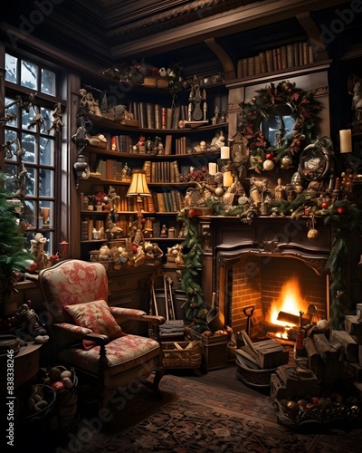 Interior of a living room with a fireplace and christmas decorations