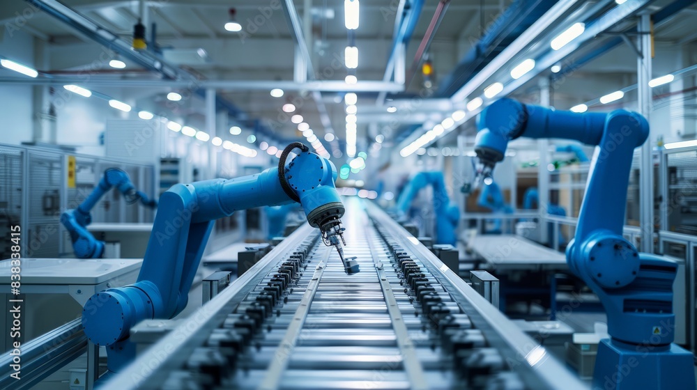 High-Tech Manufacturing: Illustrate a high-tech manufacturing facility with automated machinery, efficient production lines, High-Tech Manufacturing: Illustrate a high-tech manufacturing facility with automated machinery, efficient production lines,