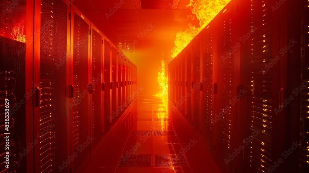 Server network room on fire as background cybersecurity data for dynamic cyber attack on a server network Server network room on fire as background cybersecurity data for dynamic cyber attack on a server network